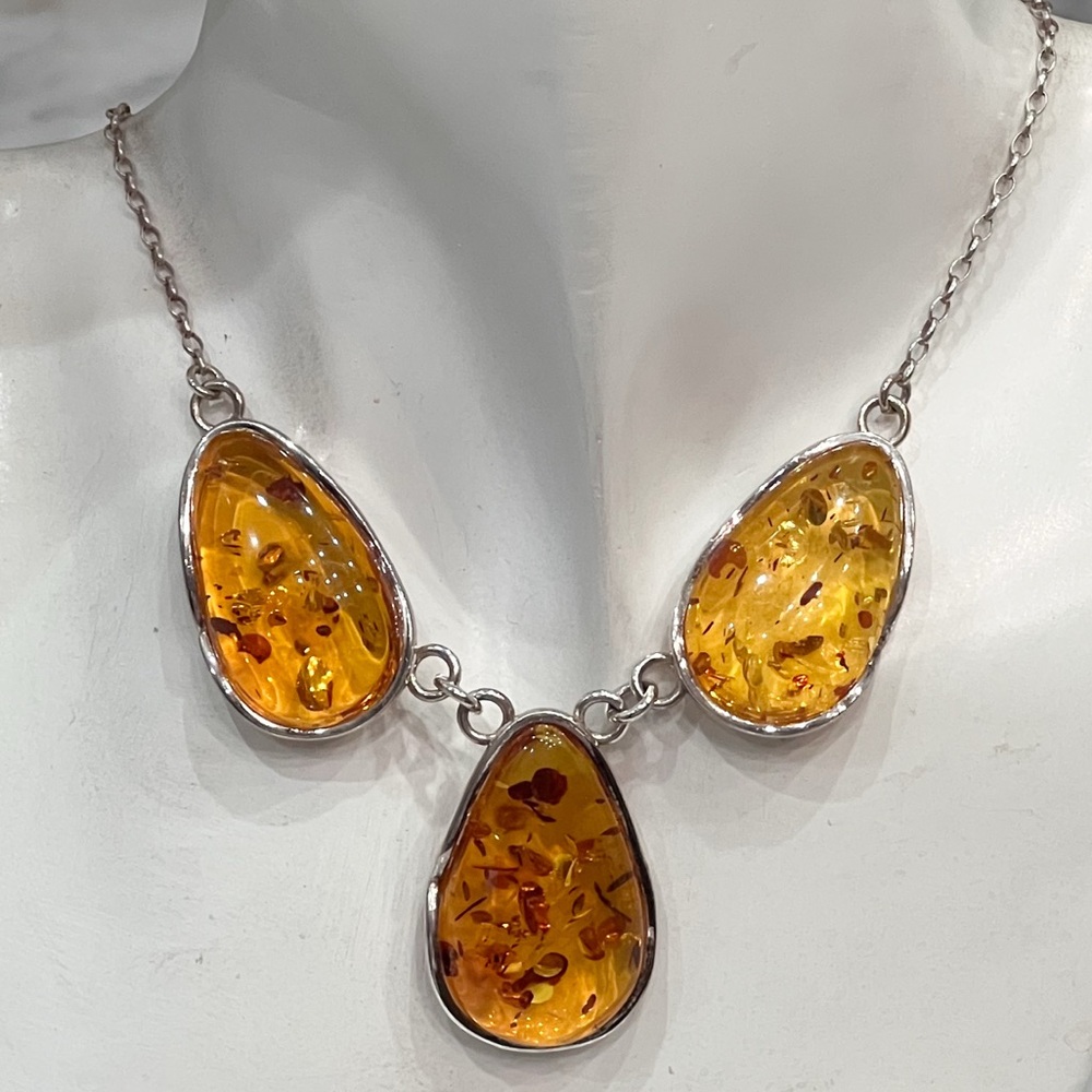 Baltic Amber Sterling Silver Trio Pendant Necklace - Picture 2 of 12